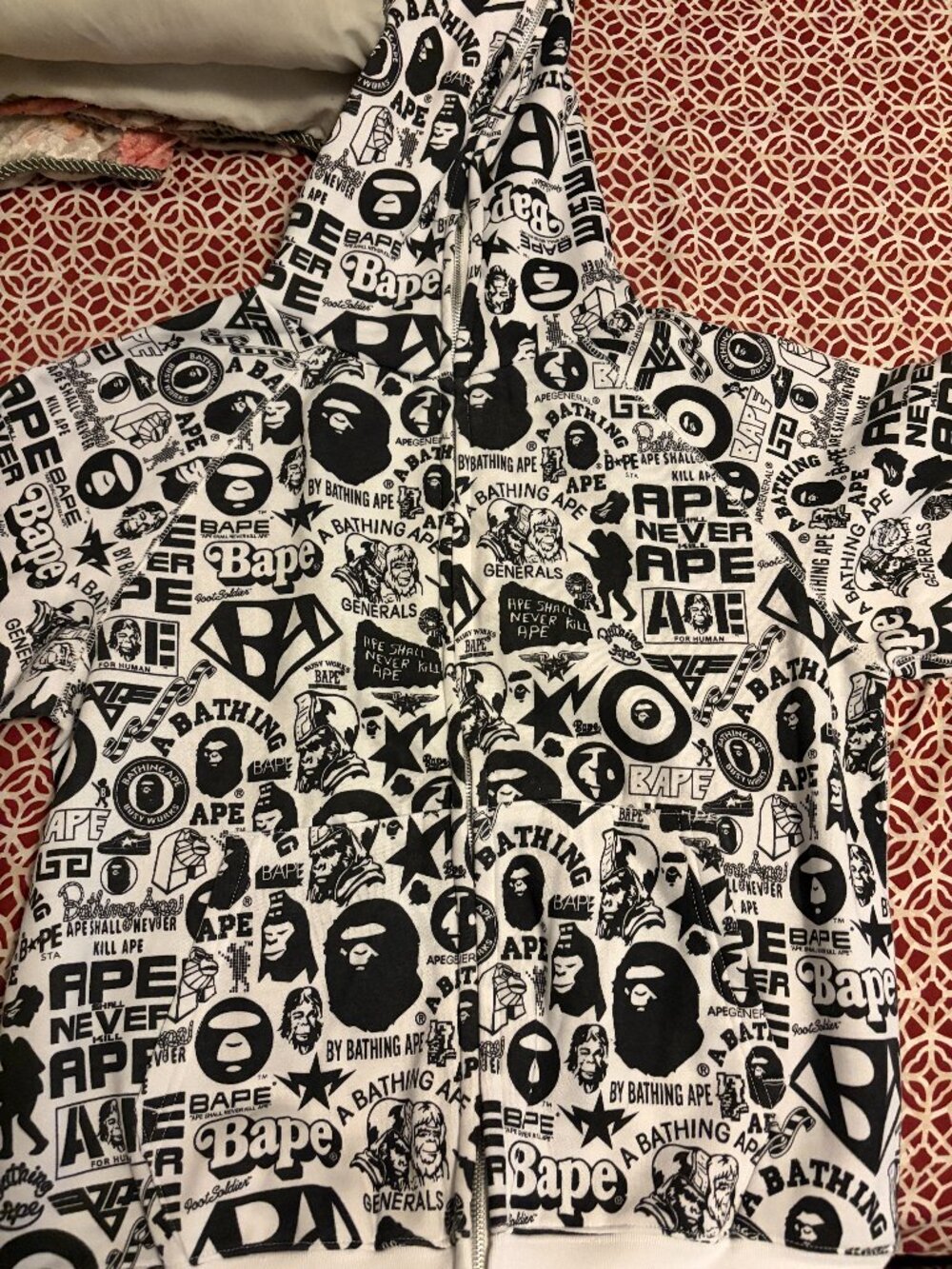 A Bathing Ape (BAPE) vintage black-and-white all-over print full-zip hoodie